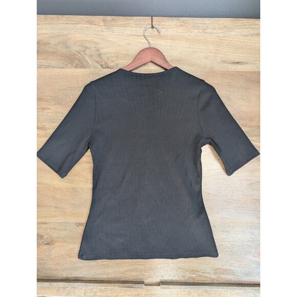 A Paris Sézane Rue Saint-Fiacre Shirt Womens L Black Ribbed Henley Neck Tee NWT - Picture 2 of 4